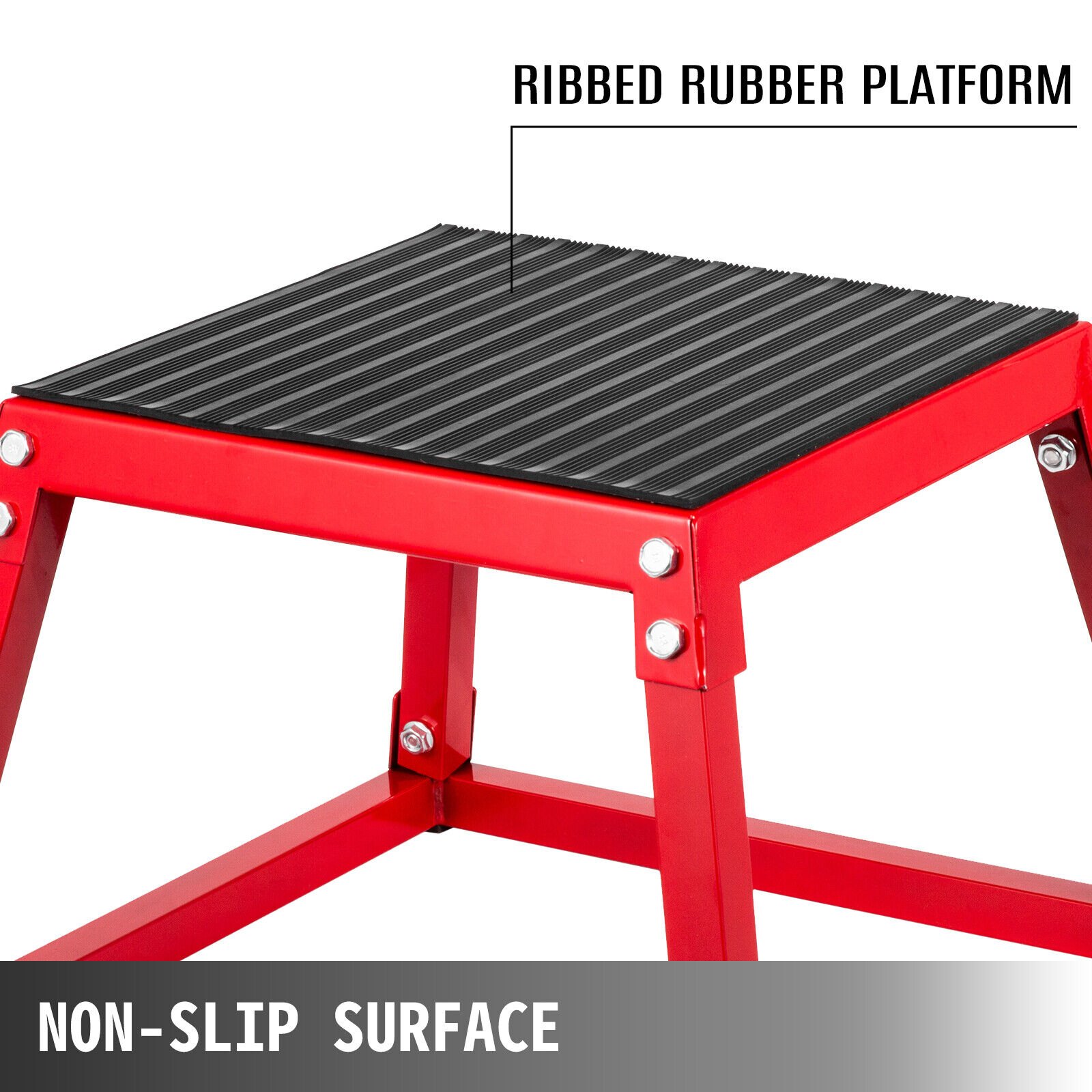 VEVOR plyometric jump box with a red frame and ribbed rubber platform for a non-slip surface.