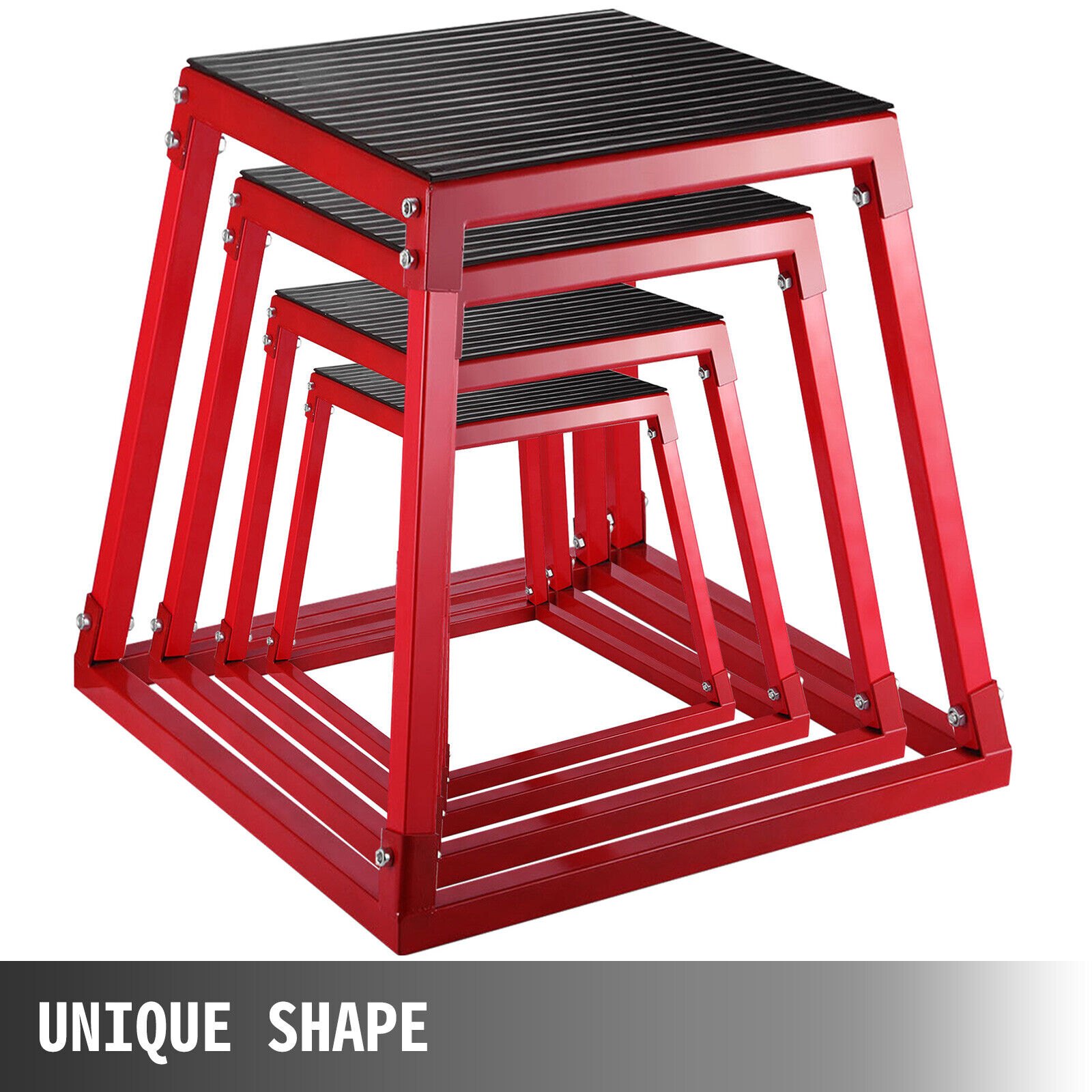 red VEVOR plyometric jump box set with different height levels, ribbed surfaces.