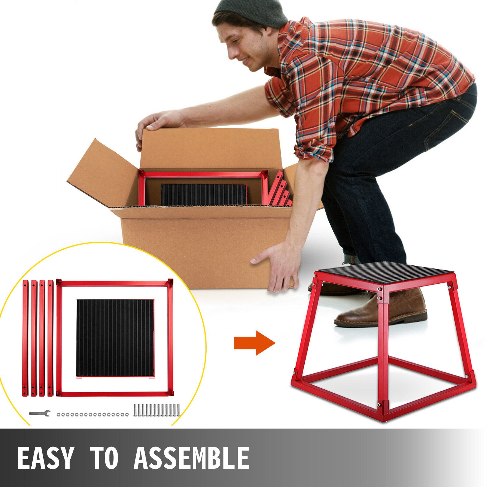 man assembling VEVOR plyometric jump box, showing parts and final setup. easy to assemble.