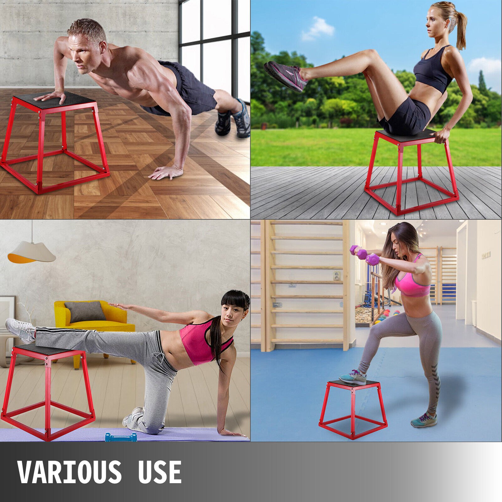 various exercises with VEVOR plyometric jump box for fitness training in multiple settings.