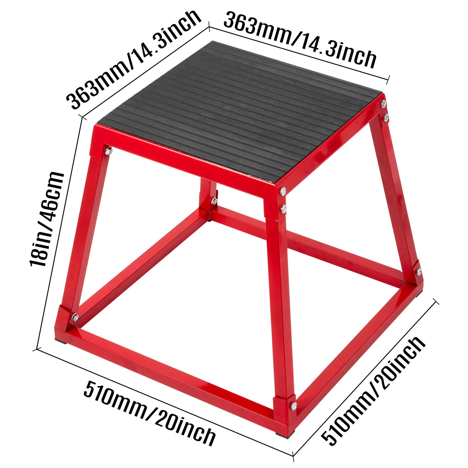 red and black VEVOR plyometric jump box with dimensions: 18in tall, 14.3in sides.