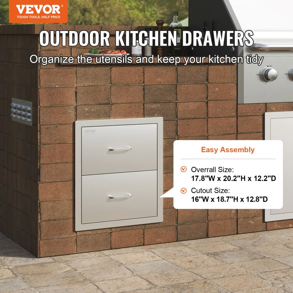 VEVOR outdoor kitchen drawers installed in a brick outdoor kitchen with assembly instructions.
