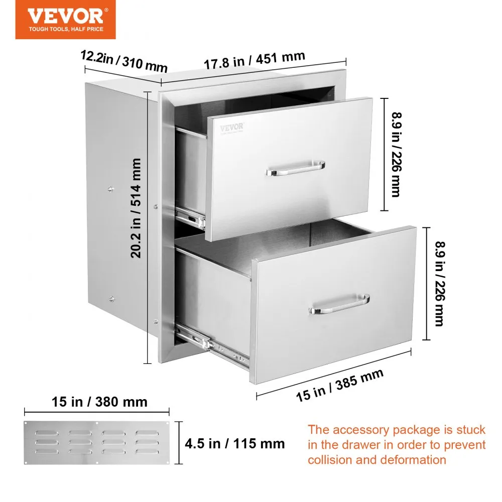 VEVOR outdoor kitchen drawers stainless steel 20.2x17.8x12.2 inches with dimensions.
