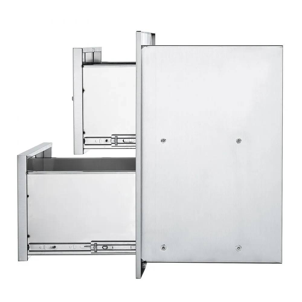 VEVOR outdoor kitchen drawers in stainless steel with open and closed compartments.
