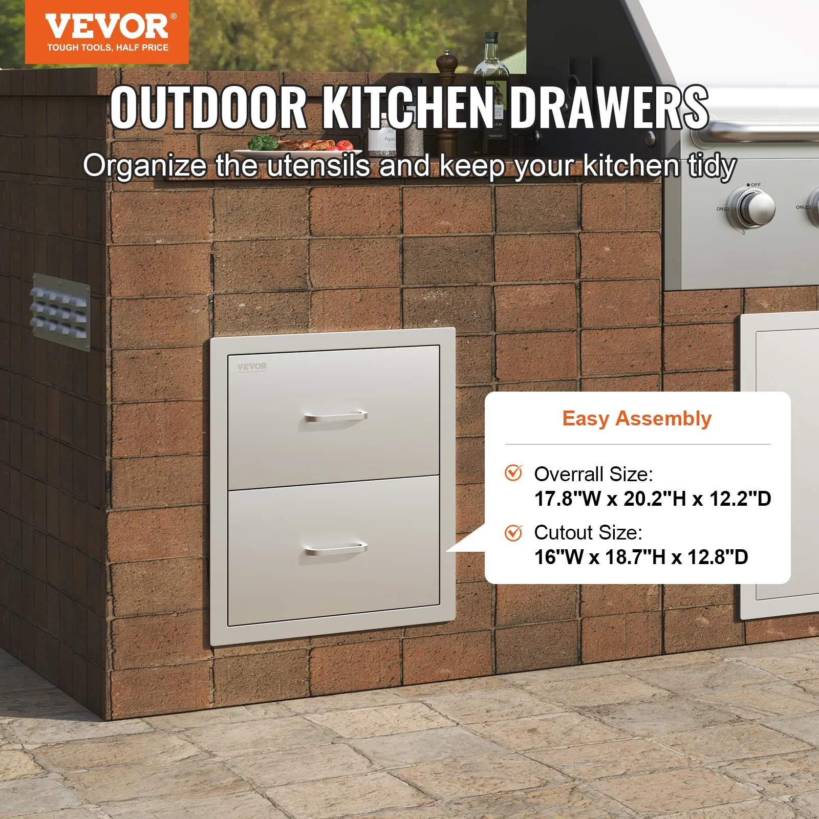 VEVOR outdoor kitchen drawers installed in a brick outdoor kitchen with assembly instructions.