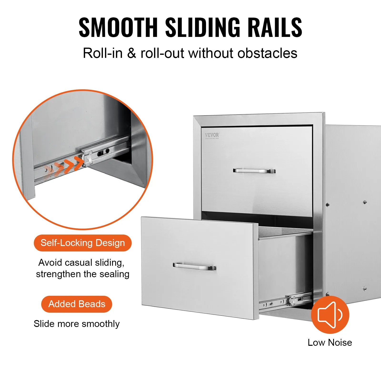 VEVOR outdoor kitchen drawers with smooth sliding rails and self-locking design.