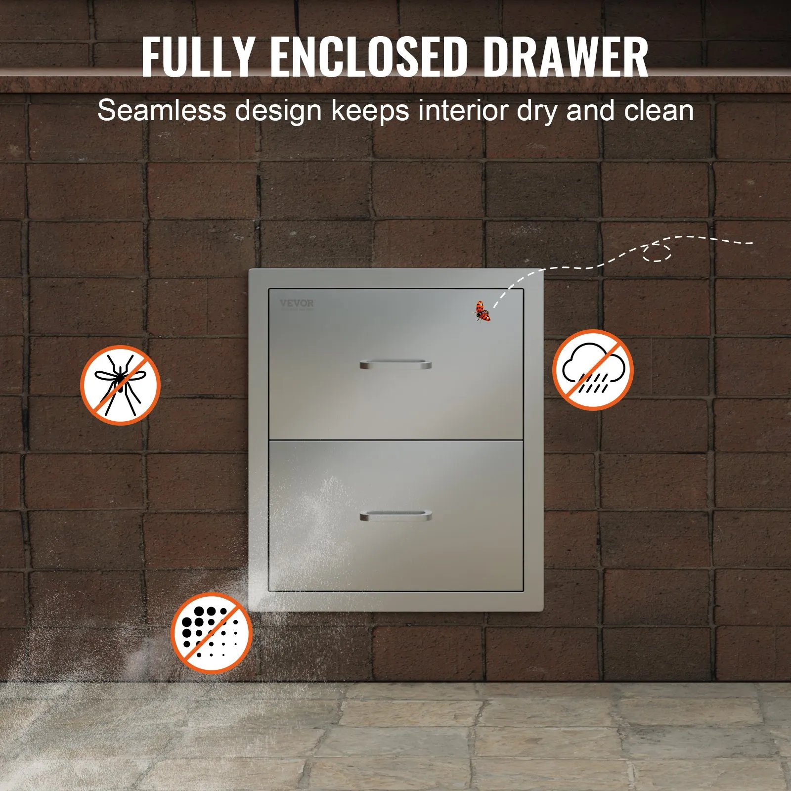 VEVOR outdoor kitchen drawers against brick wall, insect and weather resistant.