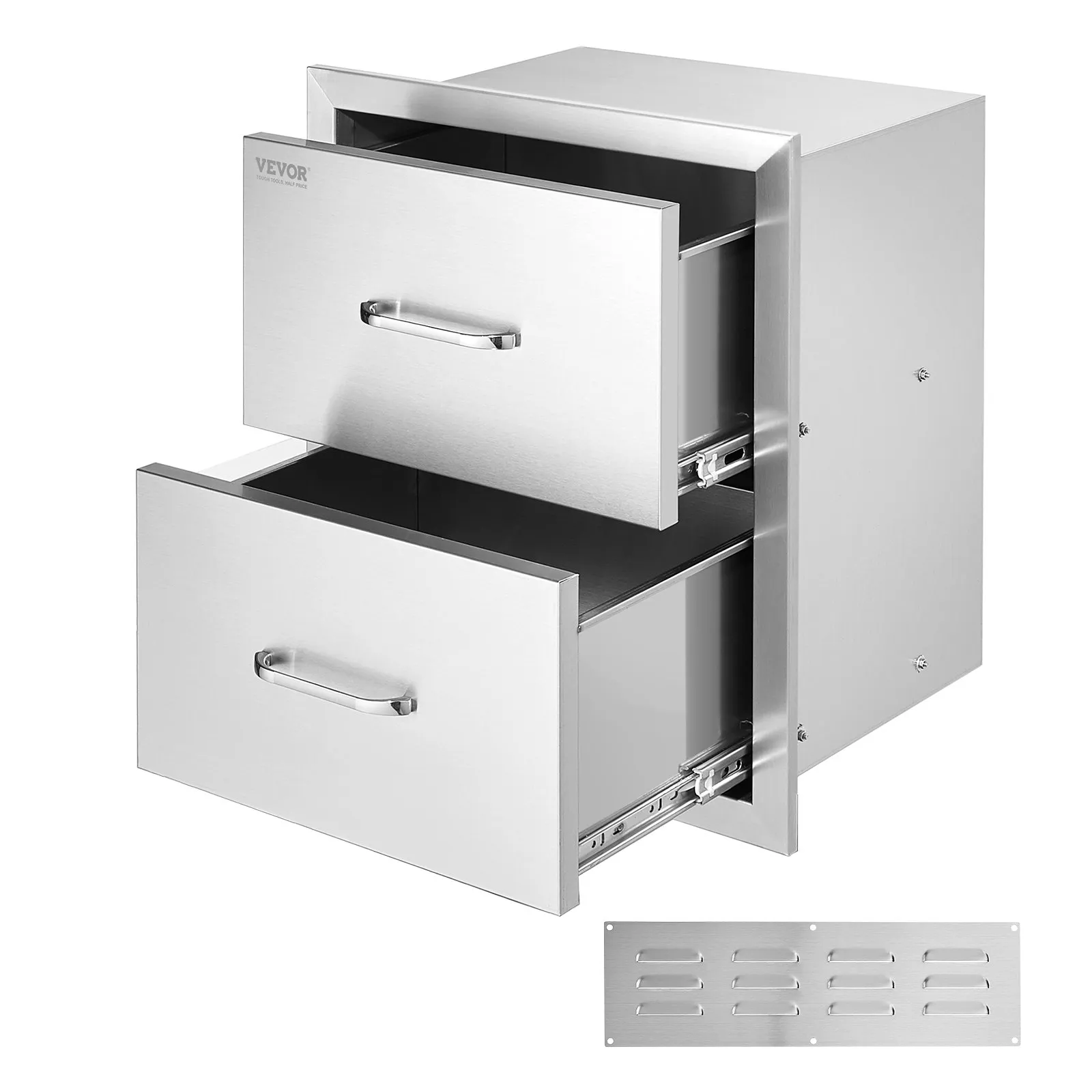 VEVOR outdoor kitchen drawers, stainless steel, dual drawers, with handles and vent panel.
