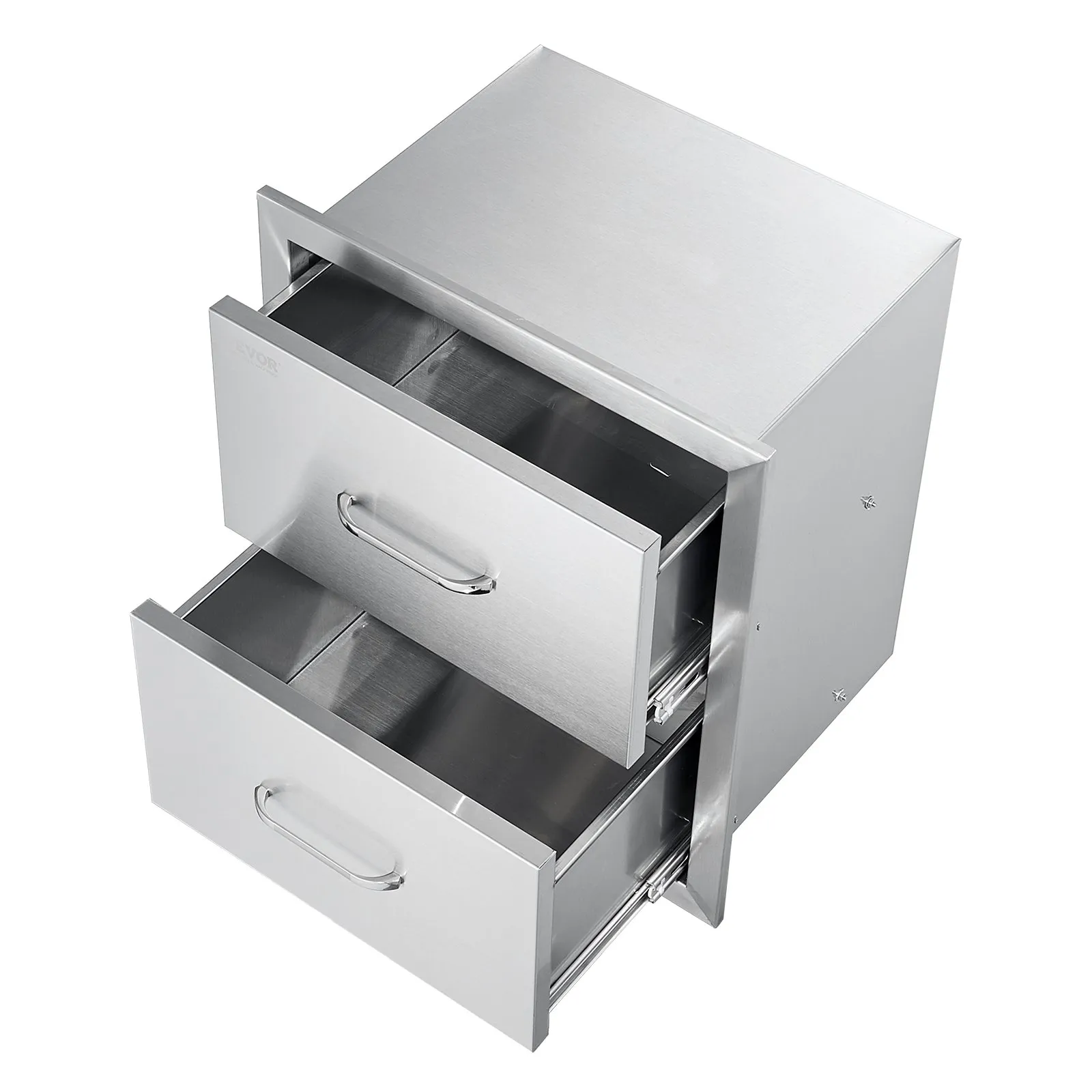stainless steel VEVOR outdoor kitchen drawers with two open compartments.