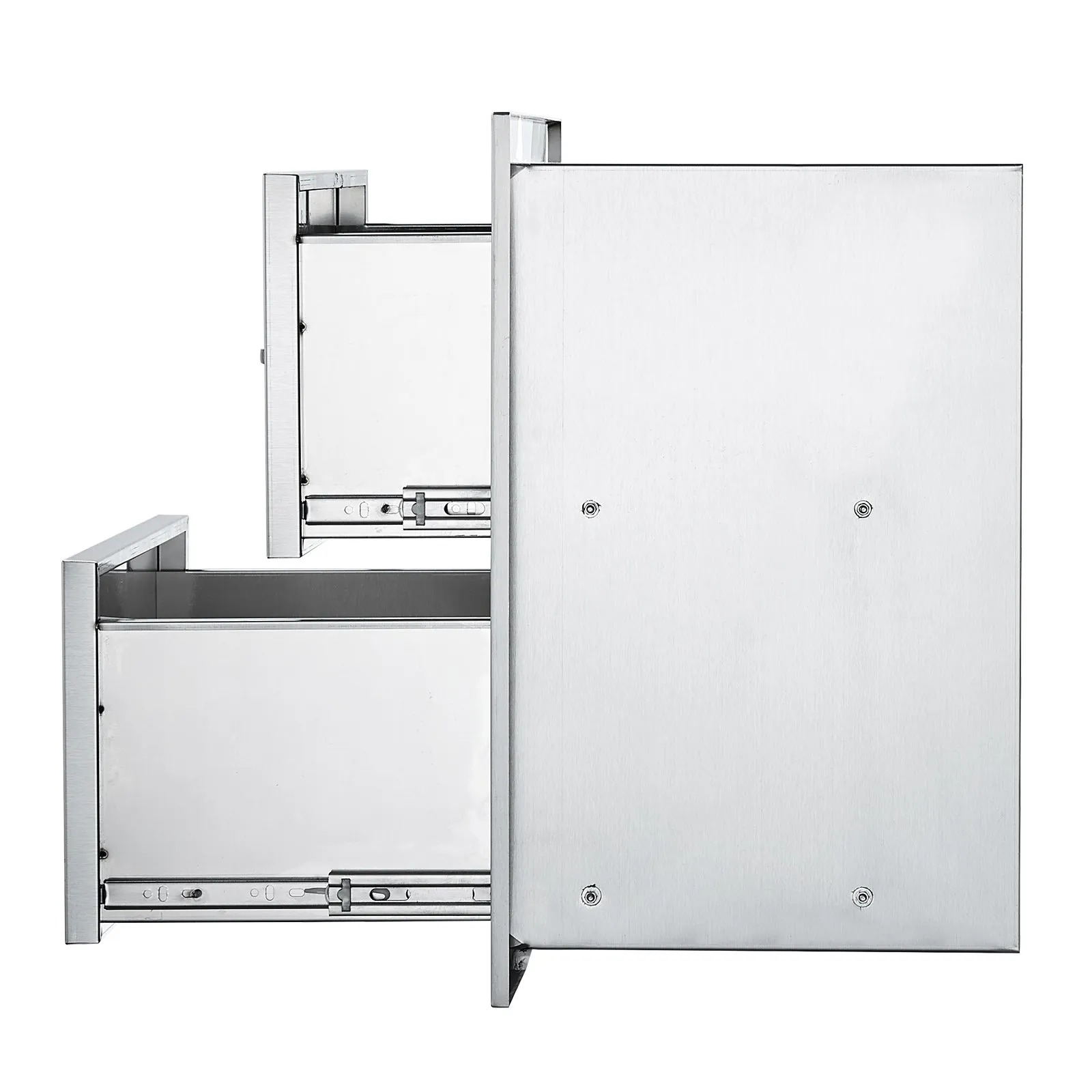 VEVOR outdoor kitchen drawers in stainless steel with open and closed compartments.