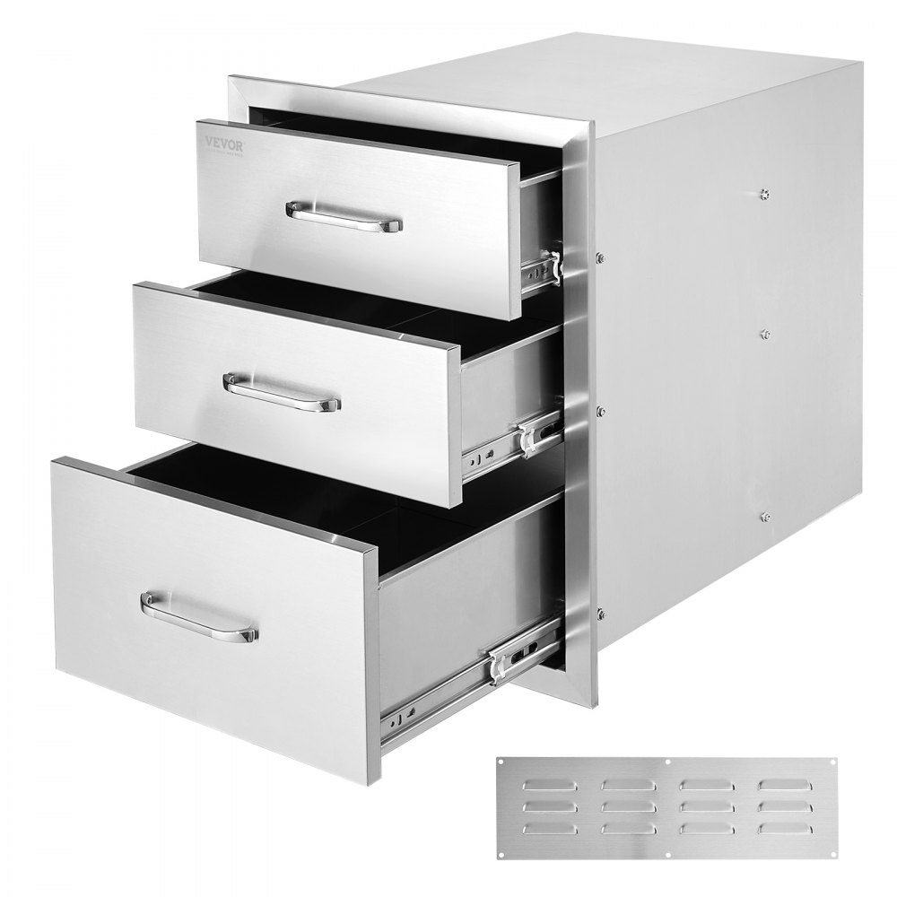 VEVOR bbq drawers in stainless steel with three slide-out compartments and a vent panel.