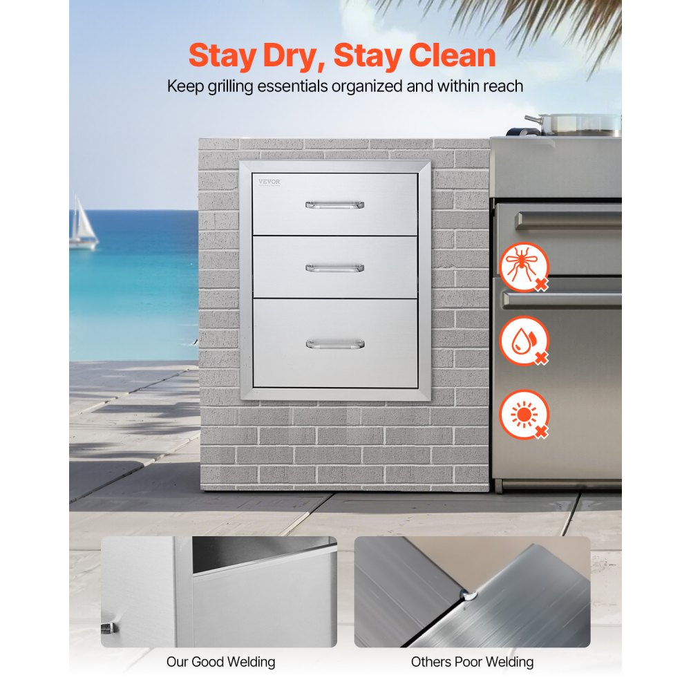 VEVOR 18x23 Inch Outdoor Kitchen Stainless Steel Triple Access BBQ Drawers with Chrome Handle, 18 x23 x 23 Inch