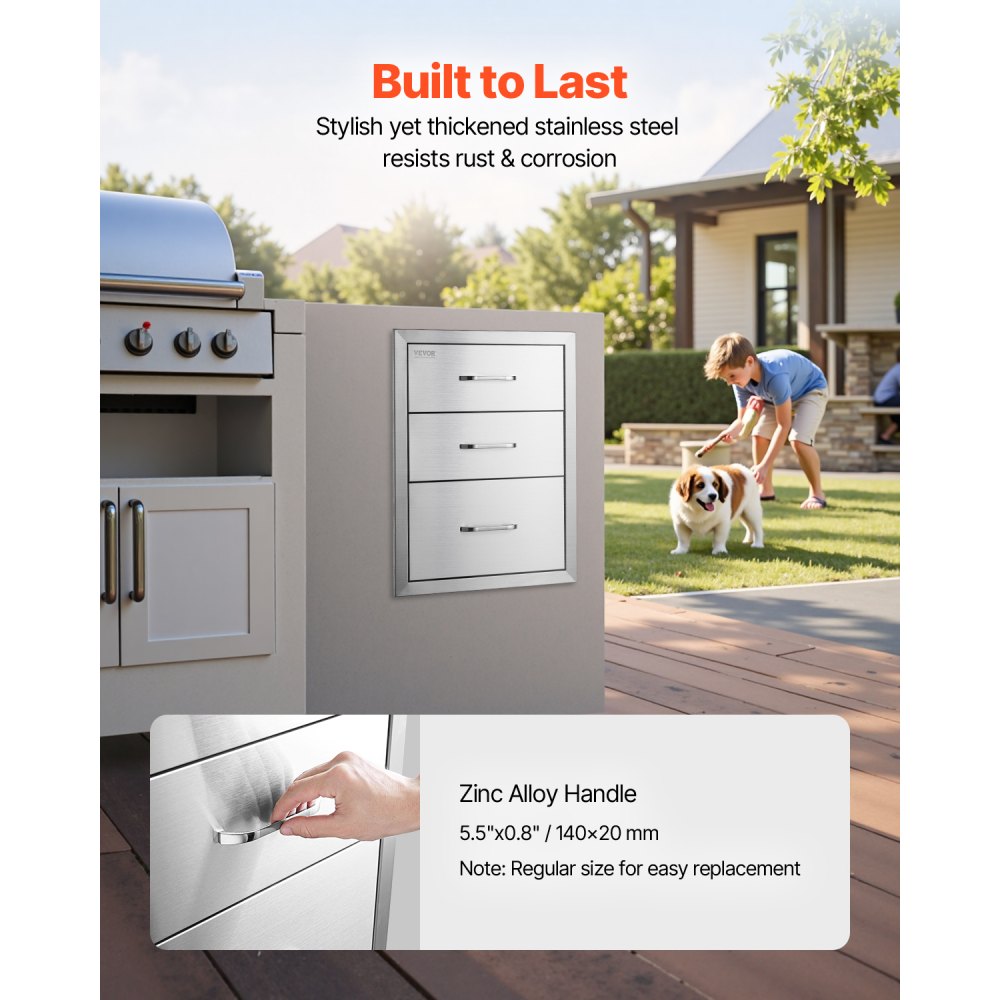 VEVOR 18x23 Inch Outdoor Kitchen Stainless Steel Triple Access BBQ Drawers with Chrome Handle, 18 x23 x 23 Inch