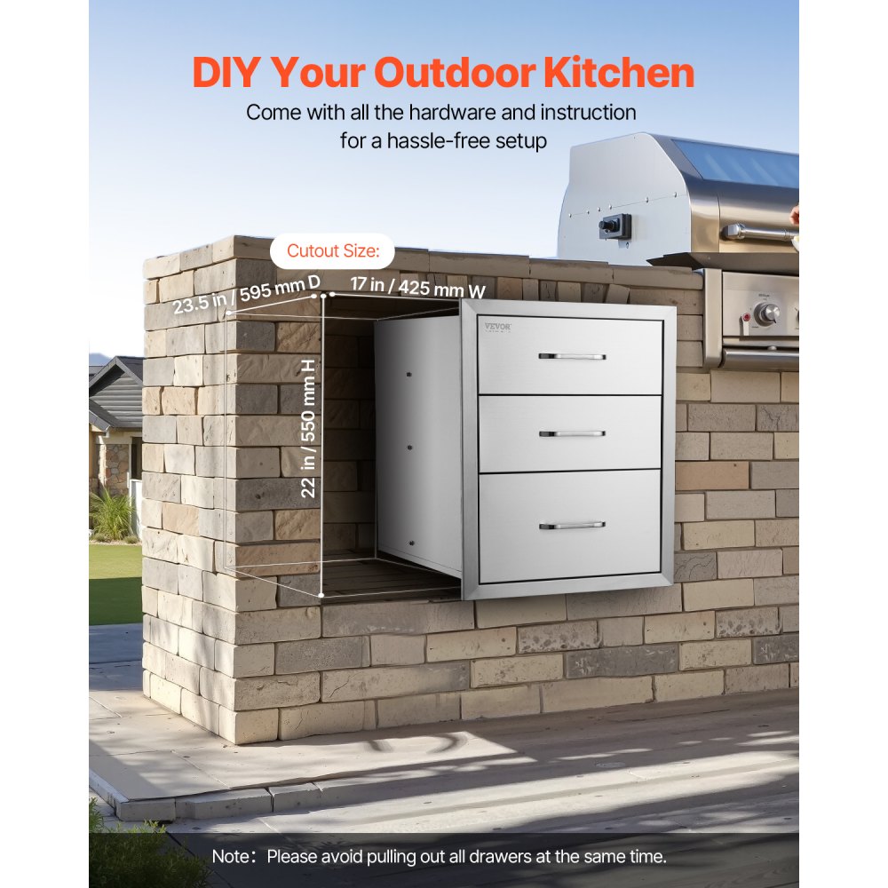 VEVOR 18x23 Inch Outdoor Kitchen Stainless Steel Triple Access BBQ Drawers with Chrome Handle, 18 x23 x 23 Inch