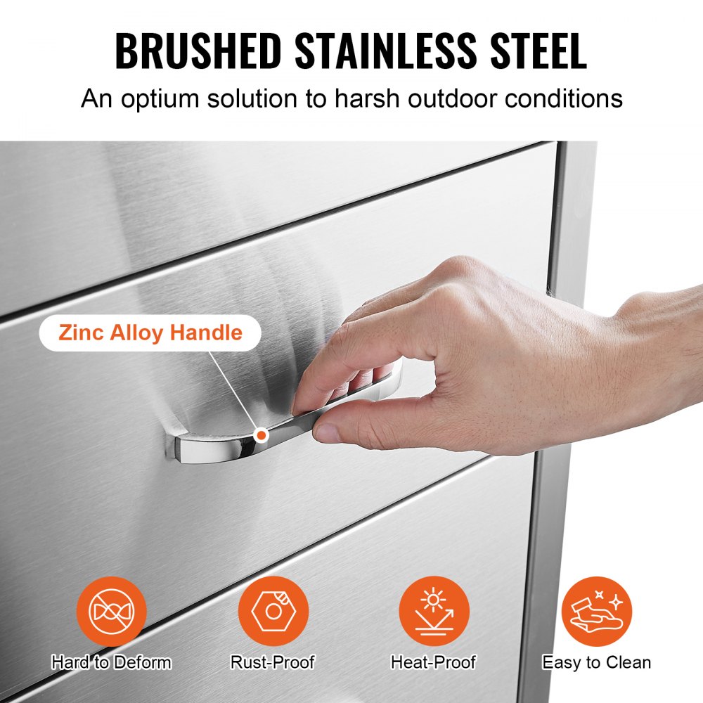 brushed stainless steel VEVOR bbq drawers with zinc alloy handle, rust-proof and heat-proof.
