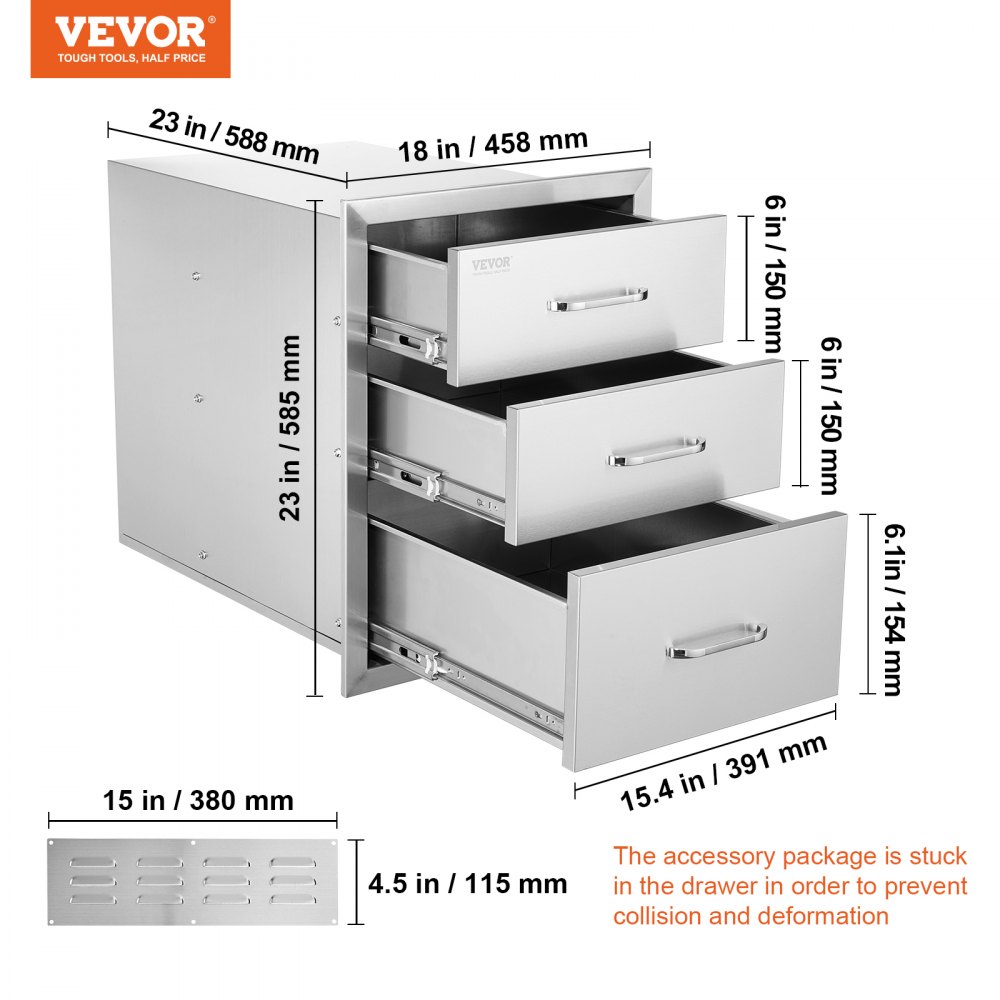 VEVOR bbq drawers with three stainless steel compartments, dimensions labeled in inches and mm.