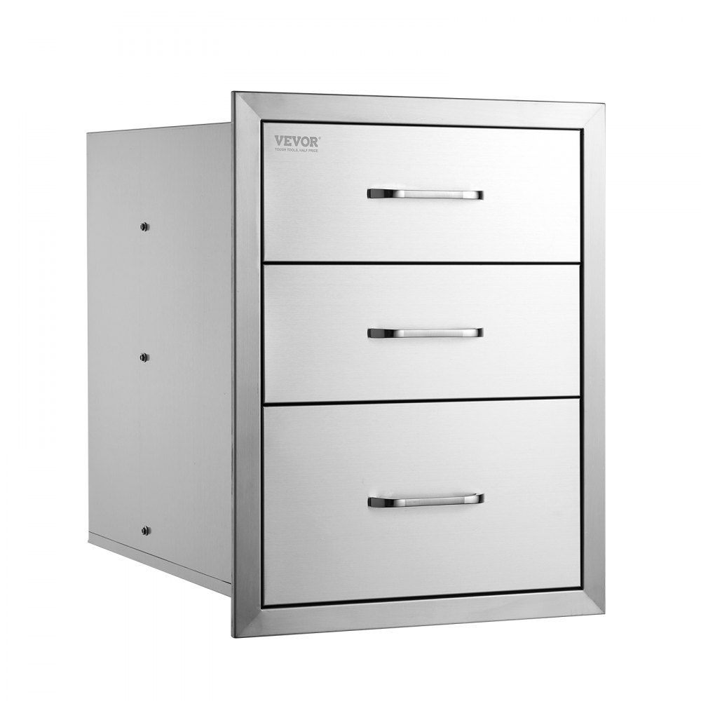 stainless steel VEVOR bbq drawers with three storage compartments and sleek handles.