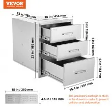 Stainless Steel BBQ 3-Drawer Storage 45x58 cm Kitchen Drawers Door Chrome Plated