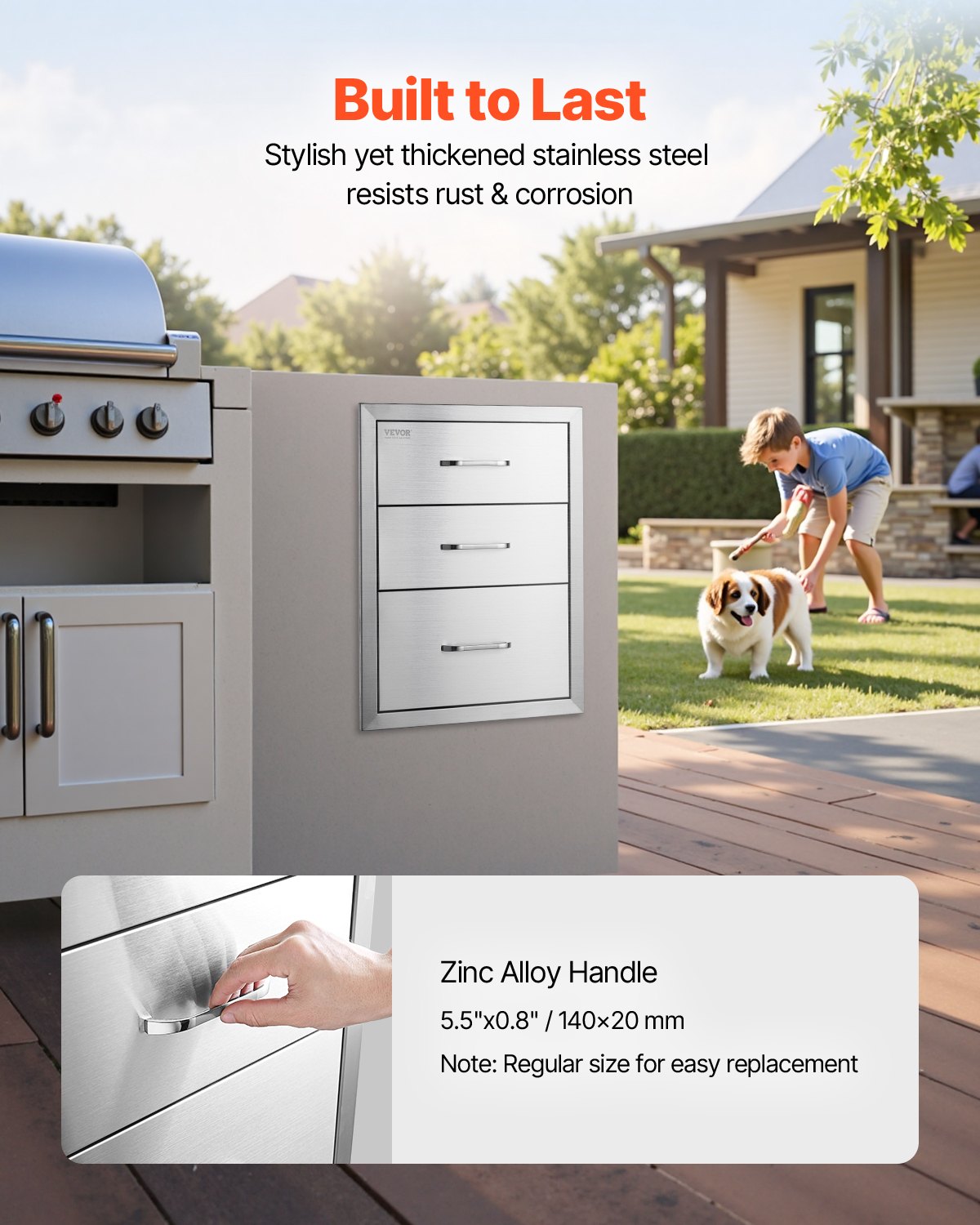 VEVOR 18x23 Inch Outdoor Kitchen Stainless Steel Triple Access BBQ Drawers with Chrome Handle, 18 x23 x 23 Inch