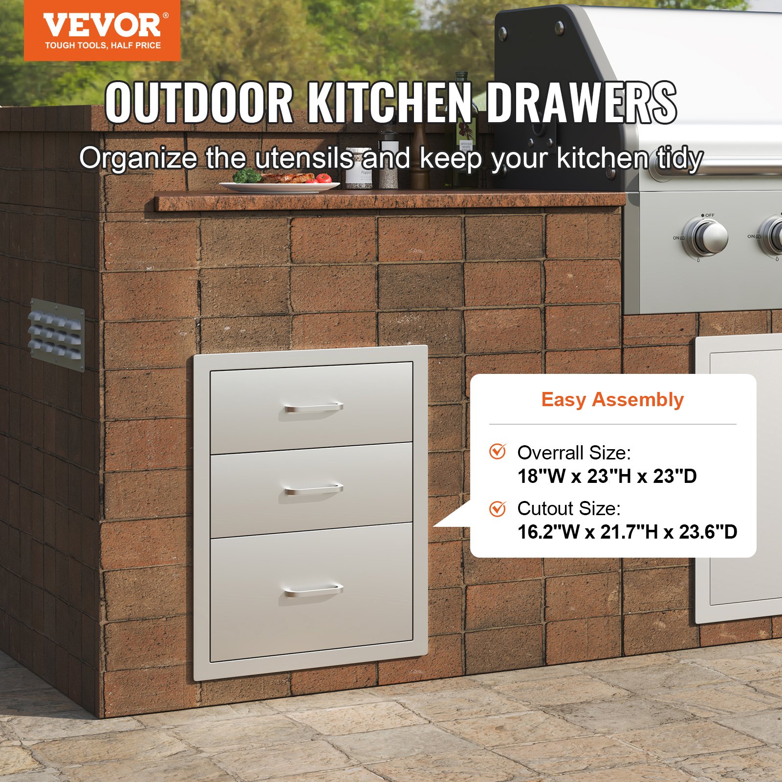 VEVOR bbq drawers in an outdoor kitchen, ideal for utensil organization and storage.