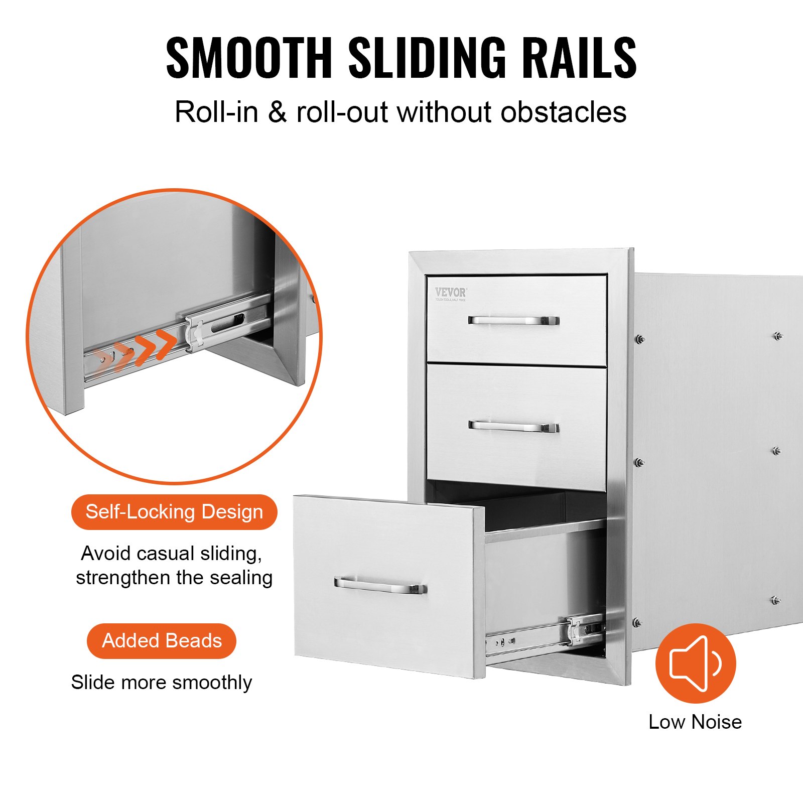 VEVOR bbq drawers with smooth sliding rails, self-locking design, and added beads.