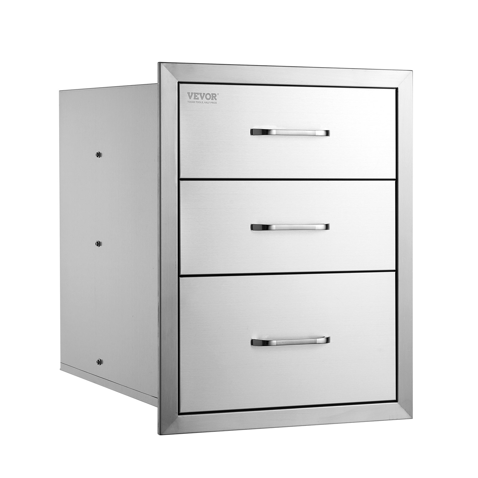 stainless steel VEVOR bbq drawers with three storage compartments and sleek handles.
