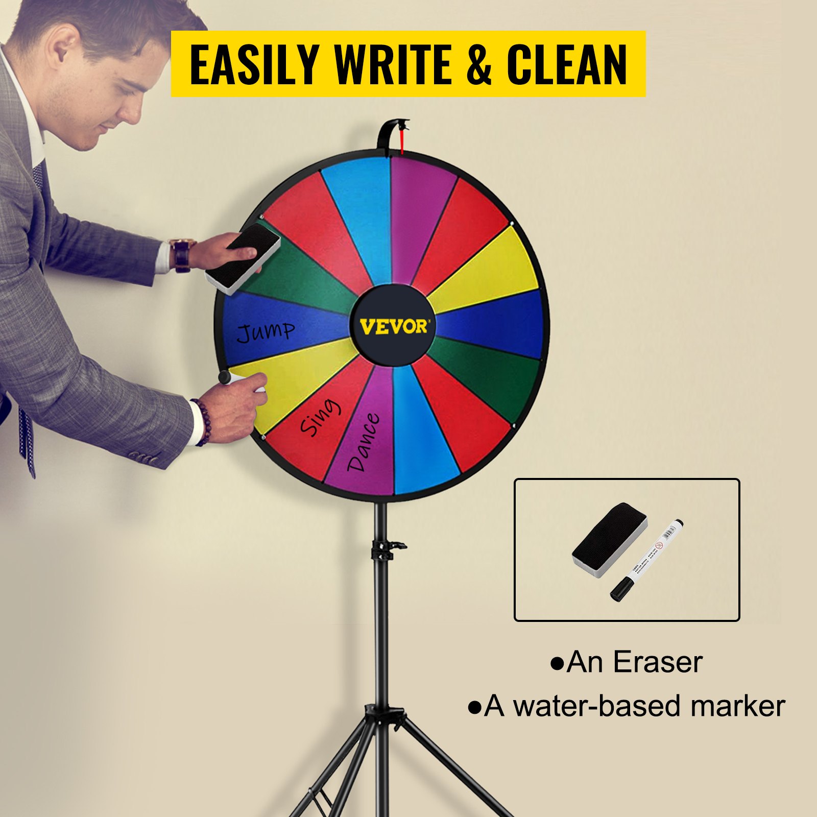 VEVOR 45.7 cm Prize Wheel Tripod Floor Stand Color Prize Wheel Fortune Spinner 14 Slots Dry Ease Tradeshow Fortune Spinning Game (45.7 cm)