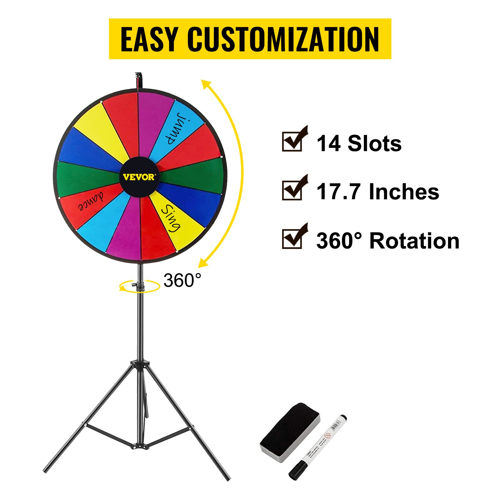 VEVOR 18 inch Spinning Prize Wheel, 14 Slots Spinning Wheel with Height Adjustable Stand, Roulette Wheel with a Dry Erase, and a Storage Bag, Win Fortune Spin Games in Party Pub Trade Show Carnival