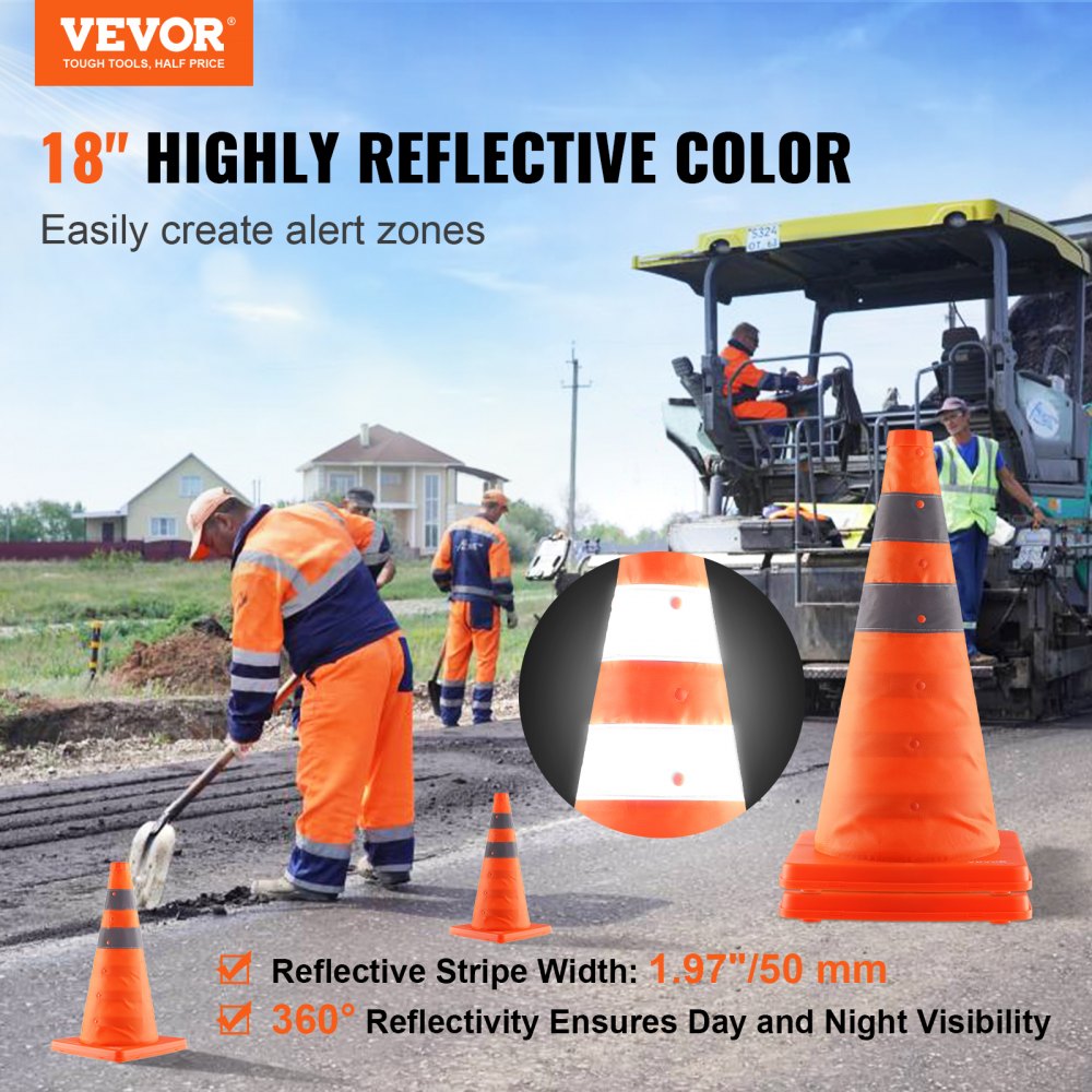 VEVOR safety cones on a construction site highlighting high-reflective color and 360° visibility.