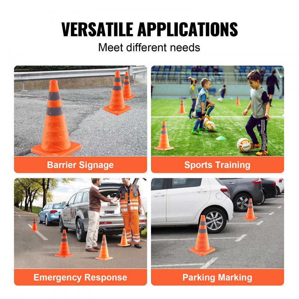VEVOR safety cones used in barrier signage, sports training, emergency response, and parking marking.