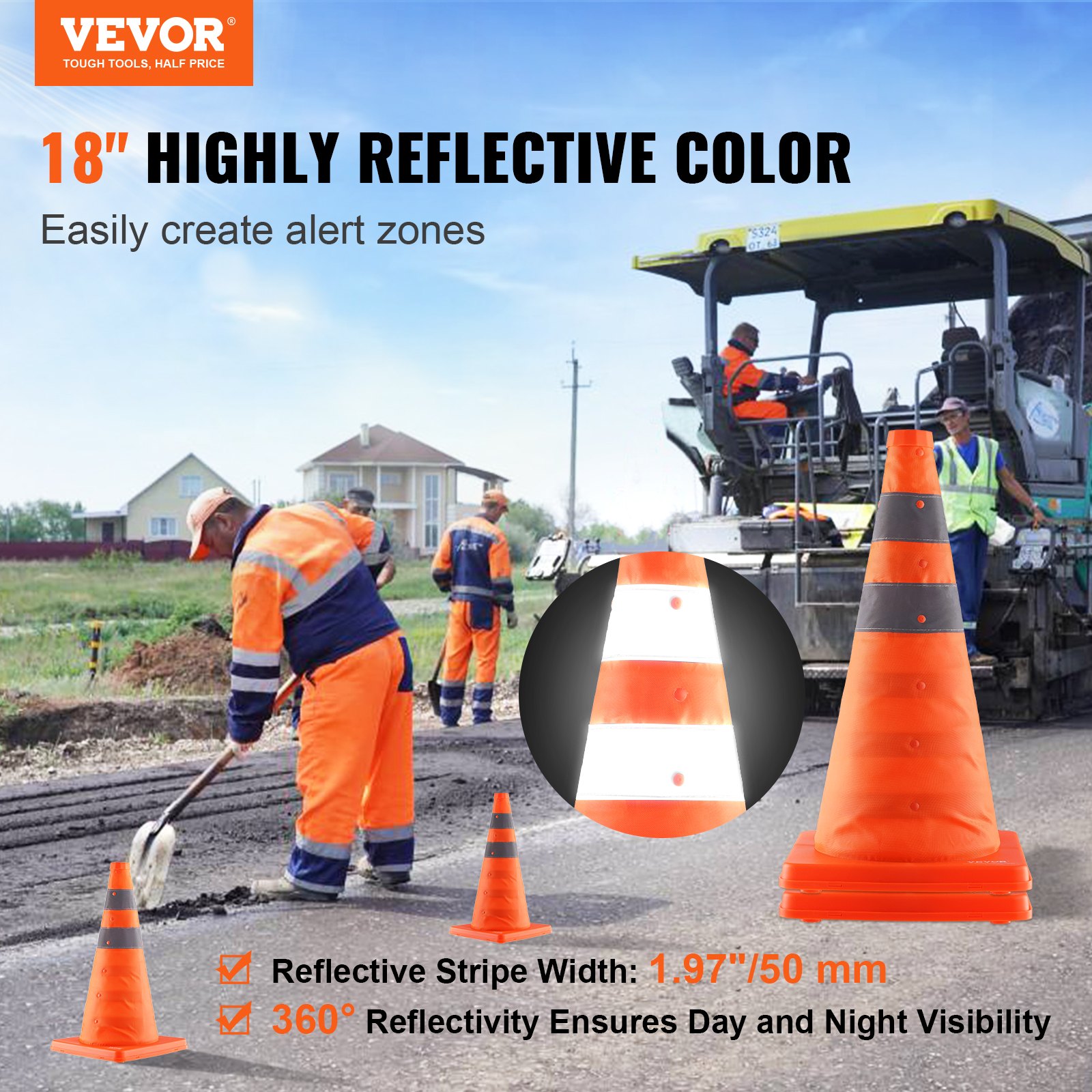 VEVOR safety cones on a construction site highlighting high-reflective color and 360° visibility.