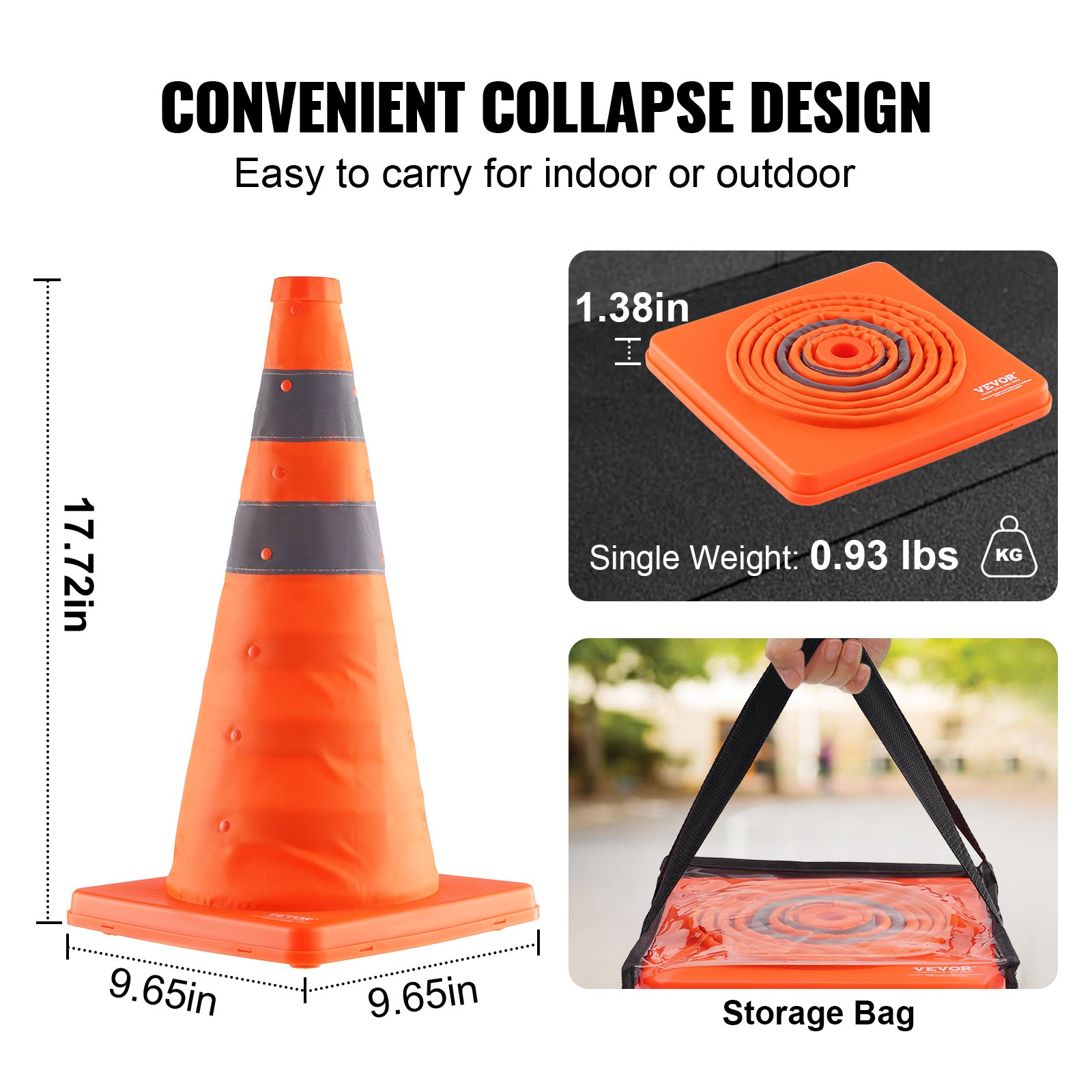VEVOR safety cones - collapsible, lightweight 0.93 lbs, easy to carry with storage bag, 17.72x9.65 inches.