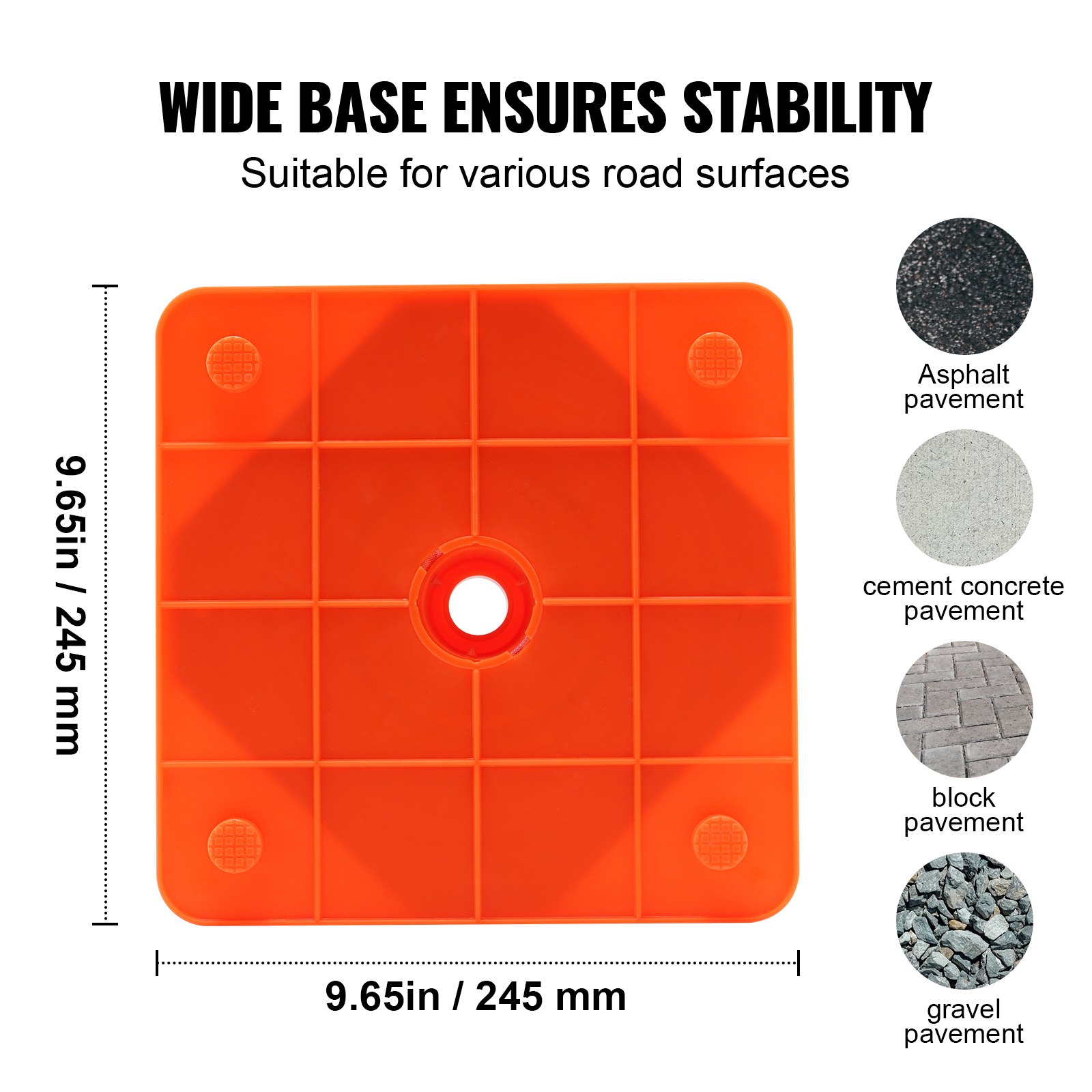 VEVOR safety cones wide base suitable for various road surfaces, measures 9.65in/245mm.