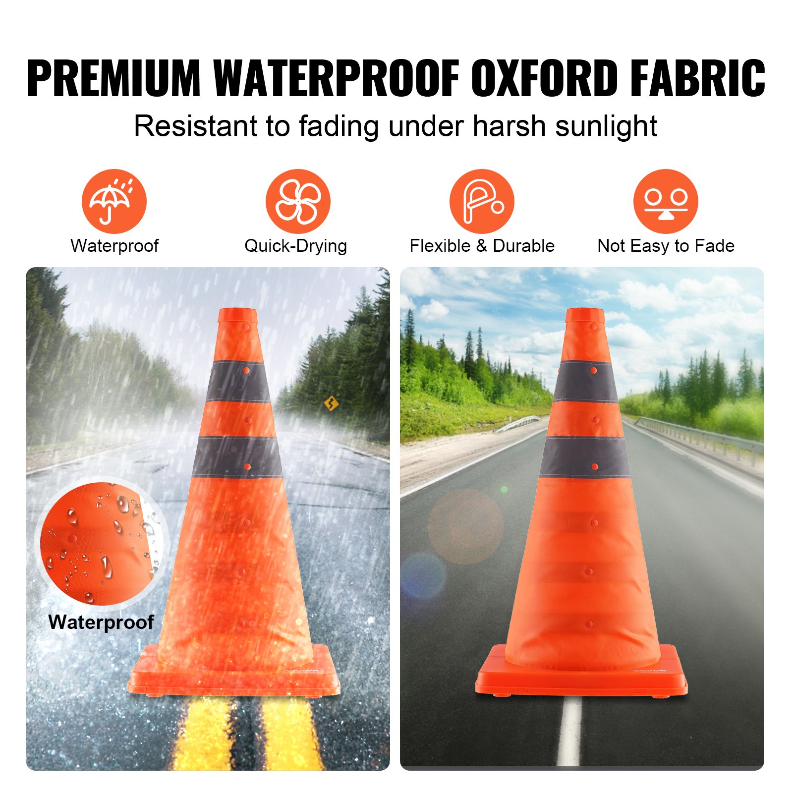 VEVOR waterproof traffic cone with premium oxford fabric; durable, quick-drying, uv-resistant.