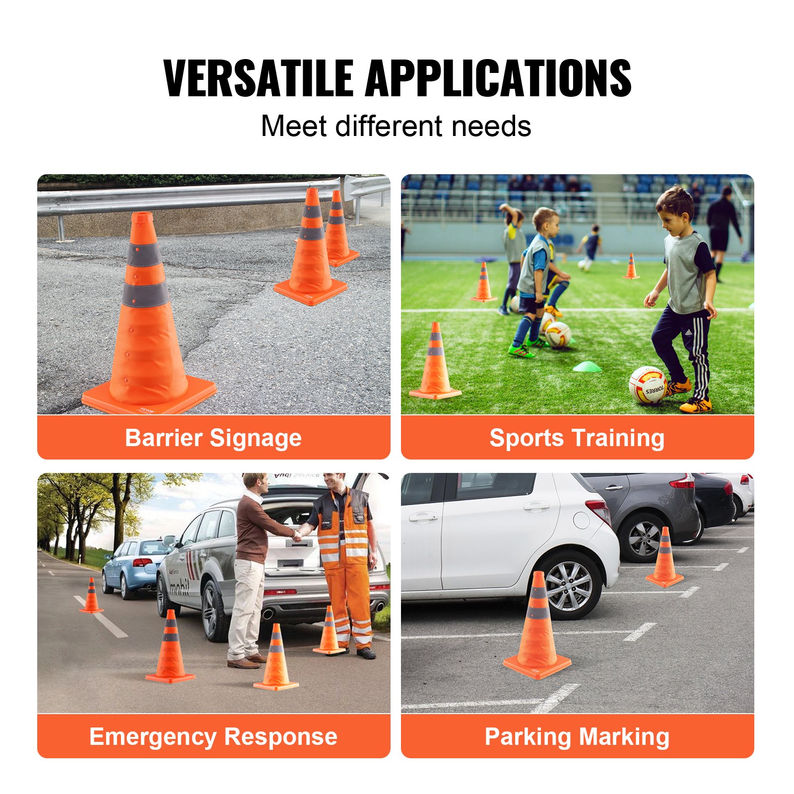 VEVOR safety cones used in barrier signage, sports training, emergency response, and parking marking.