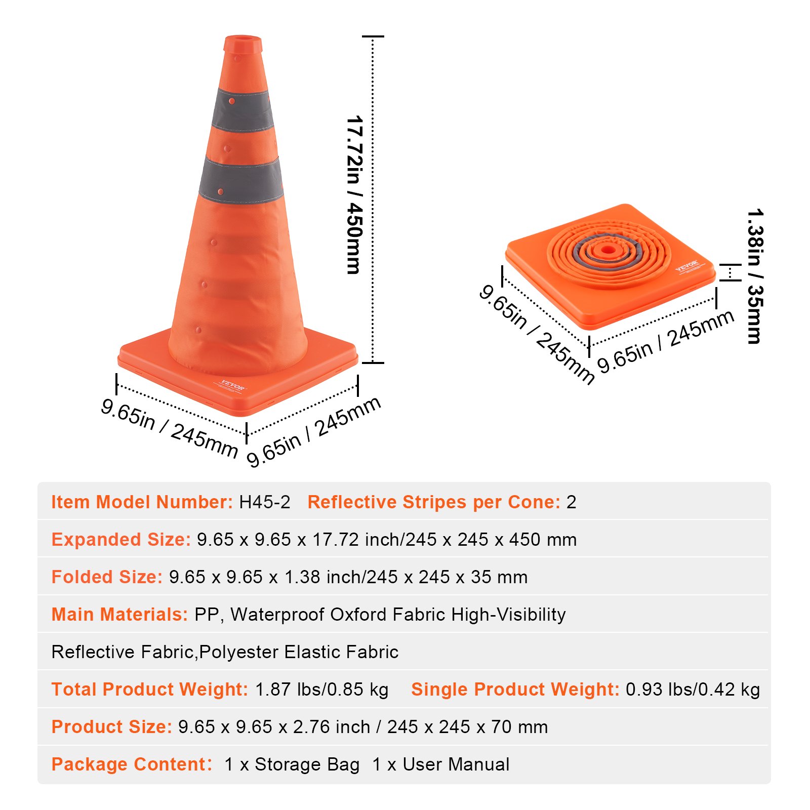 VEVOR safety cones, 17.72in height, reflective stripes, dimensions: 9.65in x 9.65in base.