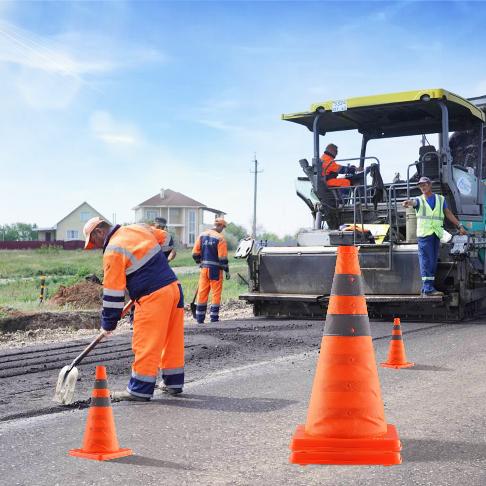 construction workers and machinery behind VEVOR safety cones on a roadwork site under a clear sky.