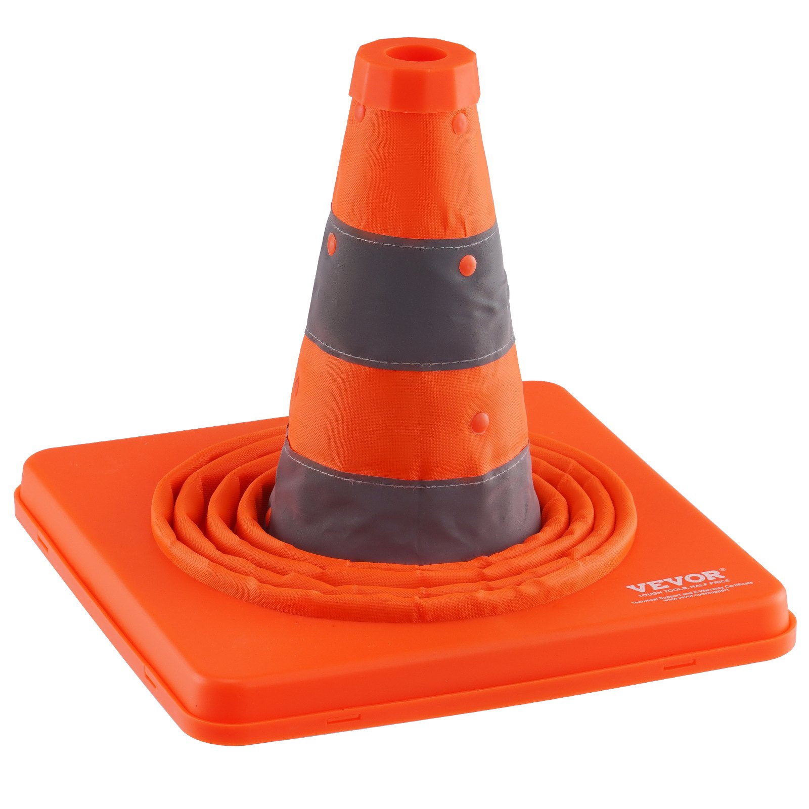 portable orange VEVOR safety cone with foldable base and reflective stripes.