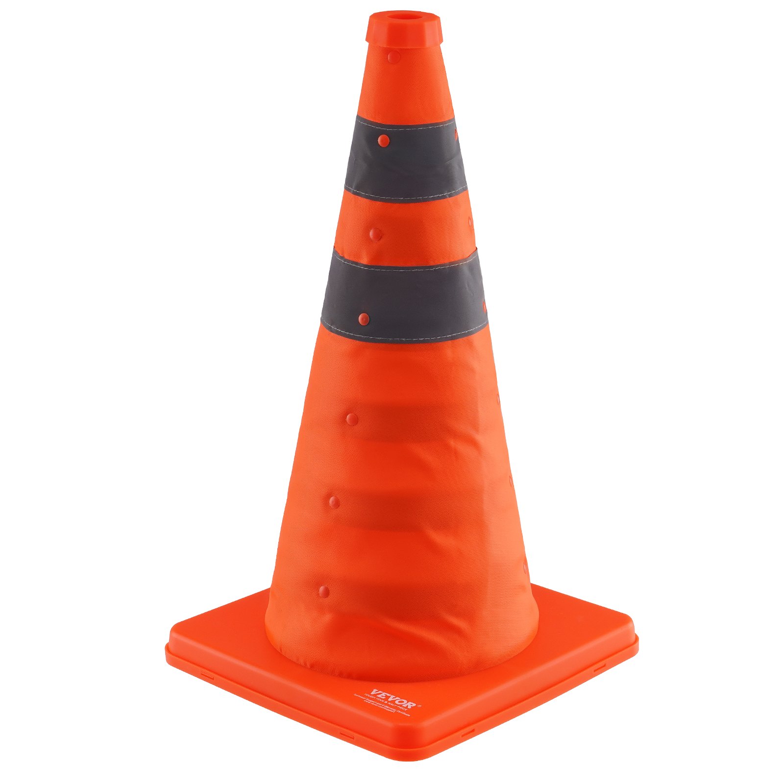 orange VEVOR safety cones with reflective stripes on a square base.