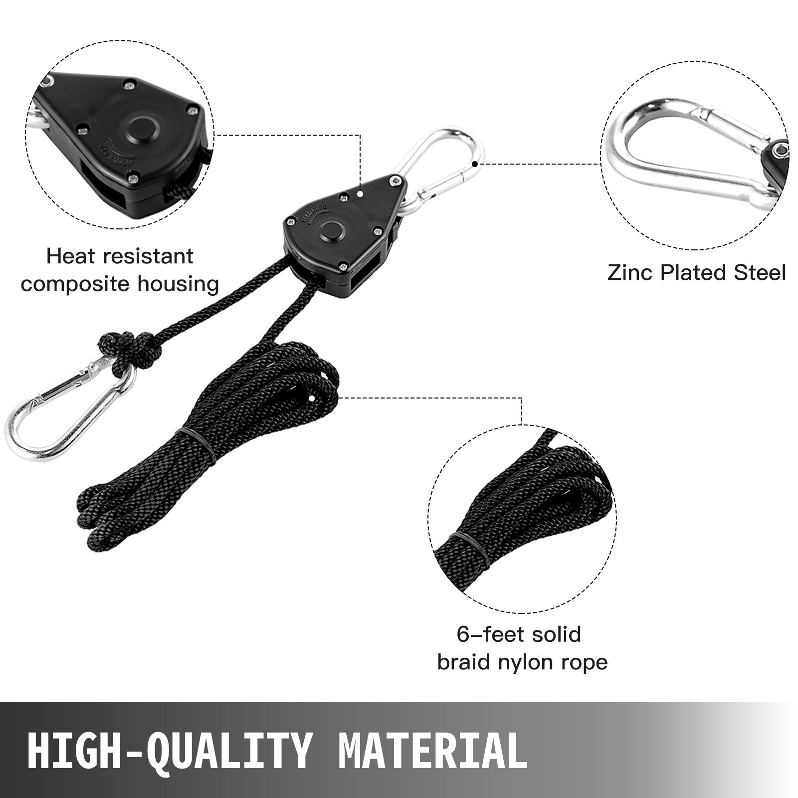 VEVOR Light Hangers Adjustable 12-Pair Rope Clip Hanger 1/8 Inch Grow Light Rope Hanger 6-Feet Long Adjustable Rope Ratchet Hangers 150 Lbs Weight Capacity Each Pair Used with Grow Light, Grow Bags