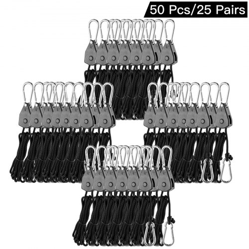 VEVOR Grow Light Rope 25Pair, Heavy Duty Adjustable Rope Clip Hanger 1/8 Inch, Grow Light Rope Hanger 6-Feet Long, Adjustable Rope Ratchet Hangers 150 Lbs, Each Pair Used with Grow Light, Grow Bags