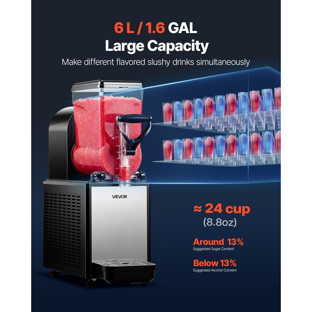 VEVOR Slushie Machine, 6L/1.6Gal Commercial Slushy Maker, Frozen Drink Maker with Self-Cleaning, Margarita Machine for Restaurants Bars Party for Slushie, Margaritas, Milkshake & More