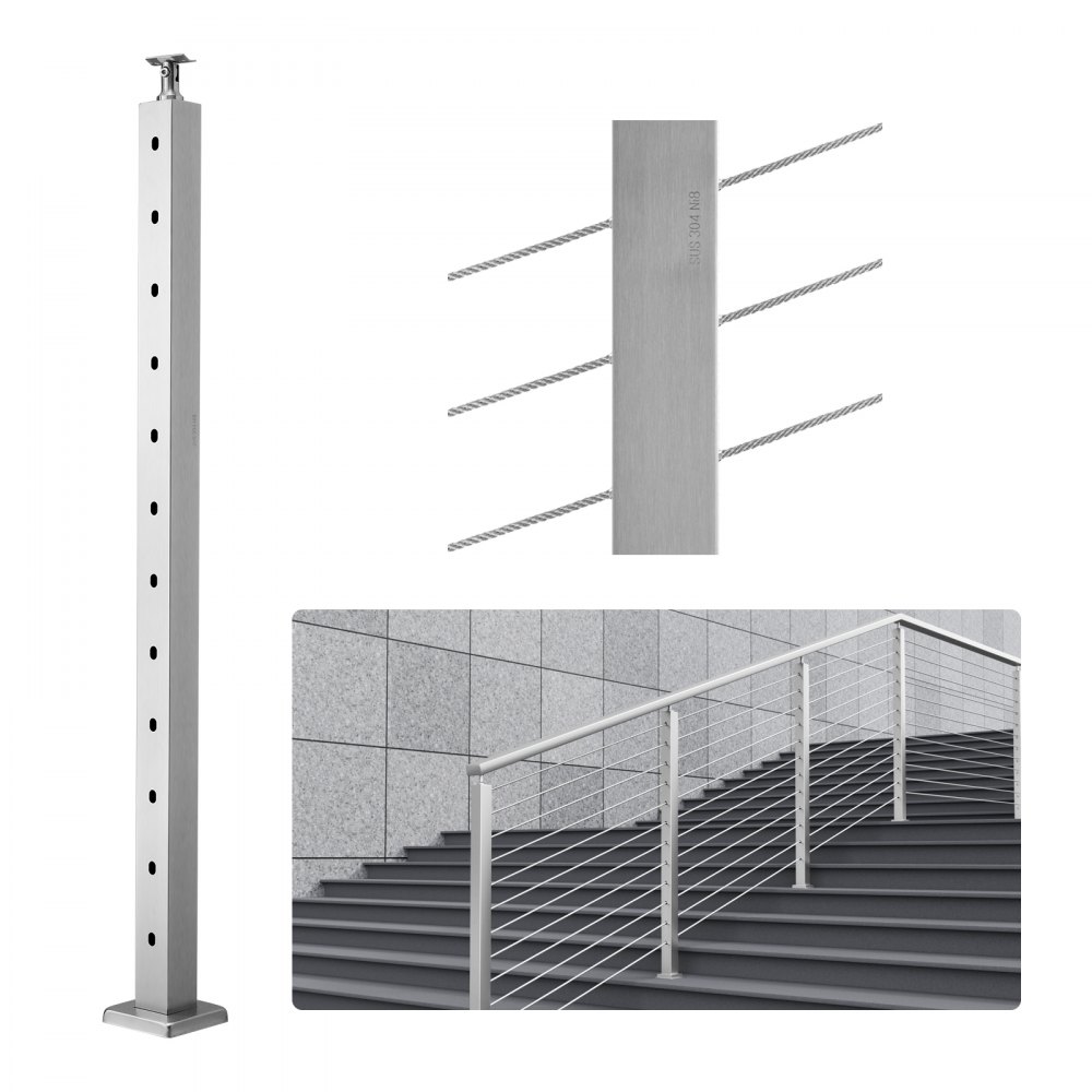 VEVOR Cable Railing Post, 42" x 2" x 2" Steel 30° Angled Hole Stair Railing Post, 12 Pre-Drilled Holes, SUS304 Stainless Steel Cable Rail Post with Horizontal and Curved Bracket, 1-Pack, Silver