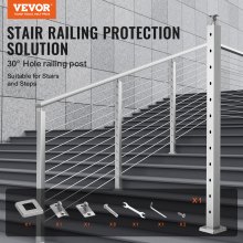 VEVOR Cable Railing Post, 42" x 2" x 2" Steel 30° Angled Hole Stair Railing Post, 12 Pre-Drilled Holes, SUS304 Stainless Steel Cable Rail Post with Horizontal and Curved Bracket, 1-Pack, Silver