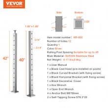 VEVOR Cable Railing Post, 42" x 2" x 2" Steel 30° Angled Hole Stair Railing Post, 12 Pre-Drilled Holes, SUS304 Stainless Steel Cable Rail Post with Horizontal and Curved Bracket, 1-Pack, Silver, 106.7*5*5 cm