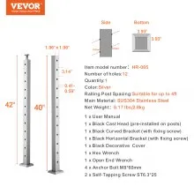 VEVOR Cable Railing Post, 42" x 2" x 2" Steel 30° Angled Hole Stair Railing Post, 12 Pre-Drilled Holes, SUS304 Stainless Steel Cable Rail Post with Horizontal and Curved Bracket, 1-Pack, Silver 1JZLGZ1067556VUN5V0