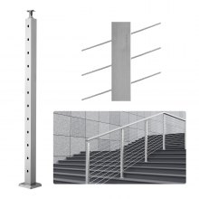 VEVOR Cable Railing Post, 42" x 2" x 2" Steel 30° Angled Hole Stair Railing Post, 12 Pre-Drilled Holes, SUS304 Stainless Steel Cable Rail Post with Horizontal and Curved Bracket, 1-Pack, Silver, 106.7*5*5 cm