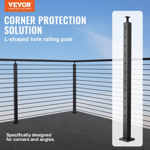 VEVOR Cable Railing Post, 42 x 1 x 2 in. Steel L-Shaped Hole Corner Railing Post, 12 Holes, Stair Railing Kit, SUS304, Black