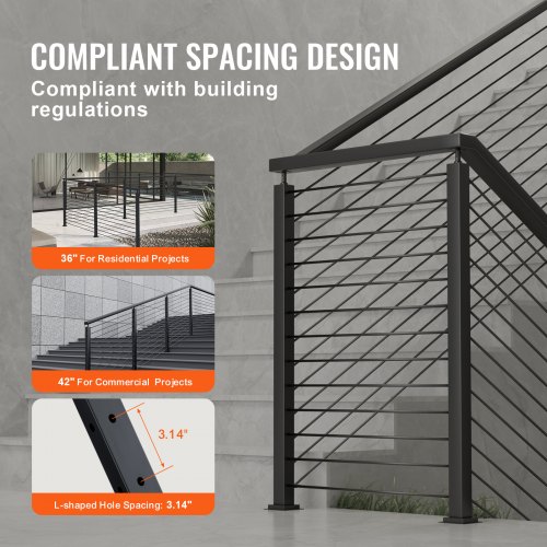 VEVOR Cable Railing Post, 42 x 1 x 2 in. Steel L-Shaped Hole Corner Railing Post, 12 Holes, Stair Railing Kit, SUS304, Black