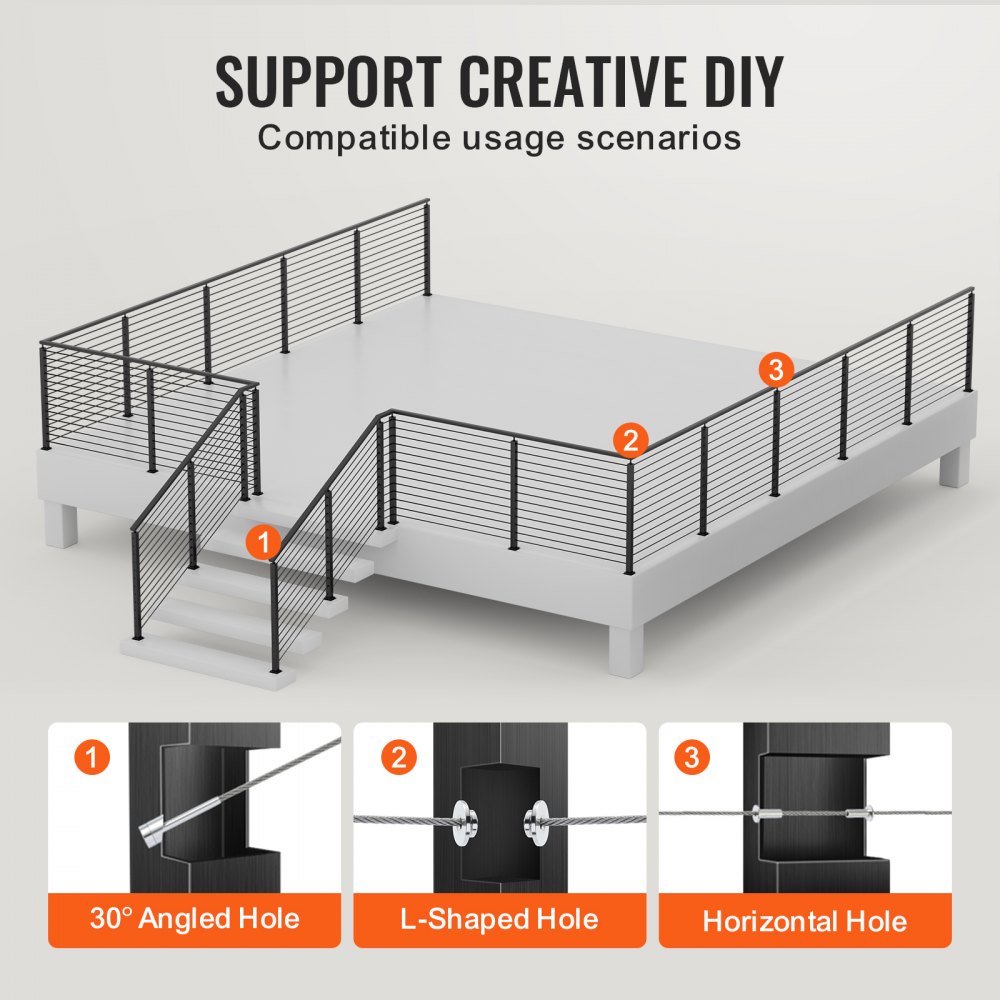 VEVOR Cable Railing Post, 42" x 2" x 2" Steel L-Shaped Hole Corner Railing Post, 12 Pre-Drilled Holes, SUS304 Stainless Steel Cable Rail Post with Horizontal and Curved Bracket, 1JZLGZ106755UOBB9V0